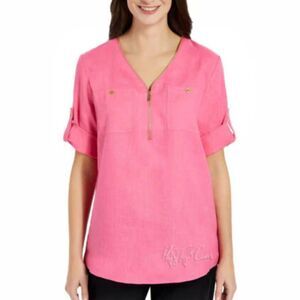 Ellen Tracy Pink Linen Half-Zip Neckline Top, Medium (C1)